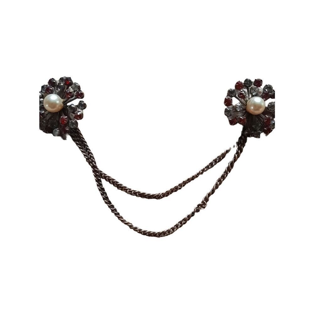 Vintage Pearl & Garnet Floral Sweater Clips with Double Chain